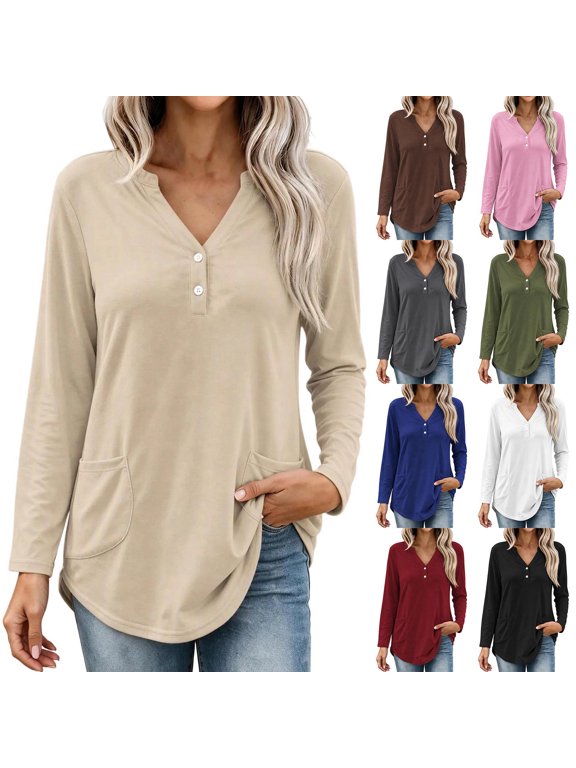 Tops for Women Long Sleeve Button V Neck Tshirts Womens Loose Casual Basic Fall Tops with Pockets