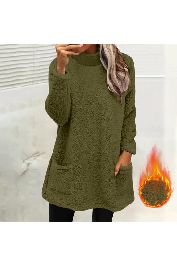 Tops for Women Long Sleeve High Collar Winter Pocket Warm Solid Top Clothes,Womens Blouse Army Green XXL