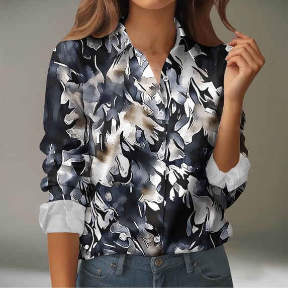 Tops for Women Long Sleeve Lapel Button Printing Causal T-Shirt Summer Blouses Black L