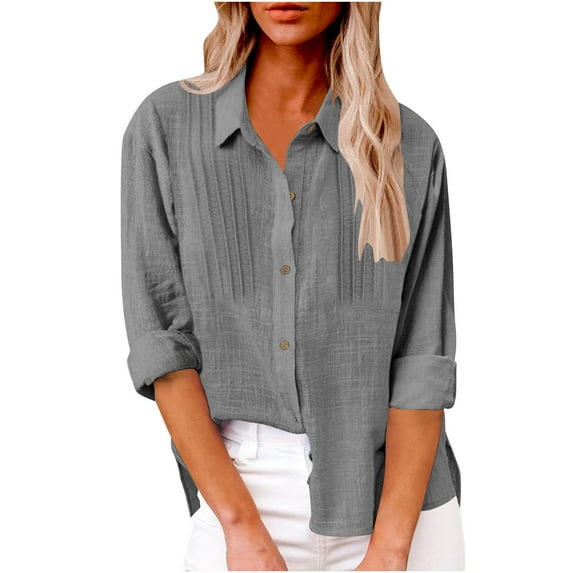 Tops for Women Long Sleeve Lapel Solid Color Breasted Pleated Casual Shirt Top