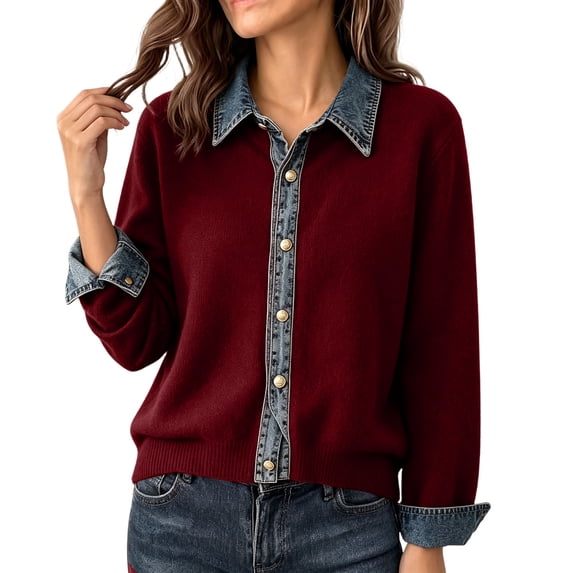 Tops for Women Long Sleeve Lapel Spliced Two Sweater Loose Fashion Top