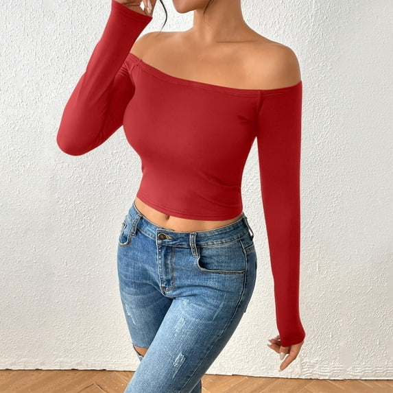 Tops for Women Long Sleeve Off Shoulder Solid Color Regular Blouse Red Womens Blouse