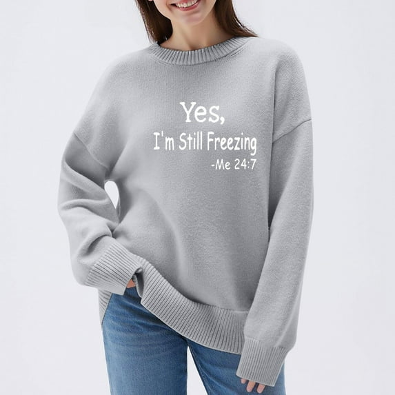 Tops for Women Long Sleeve Round-Neck Casual Solid Color Printing Blouses Shirts Sweater Womens Blouse Plus Size Gray XXXXL