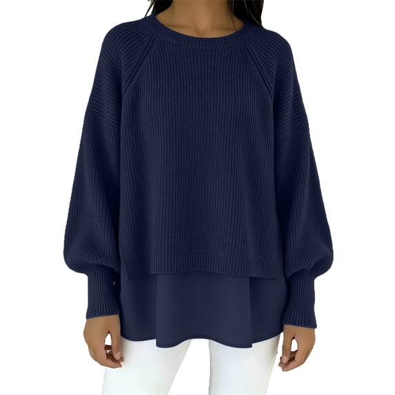 Tops for Women Long Sleeve Round Neck Solid Oversized Loose Ribbed Hem Knitted Sweater