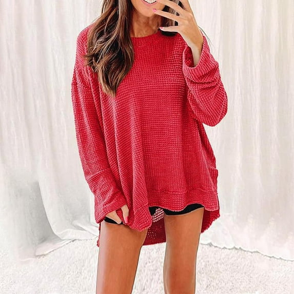 Tops for Women Long Sleeve Round-Neck Waffle Solid Color Pullover Sweatshirts,Plus Size Tops for Women