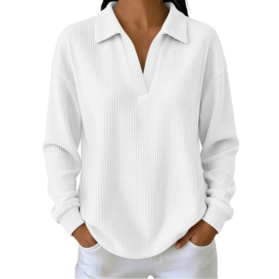 Tops for Women Long Sleeve Solid Color Casual Waffle Knit Top