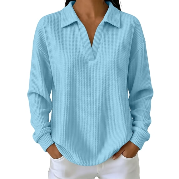Tops for Women Long Sleeve Solid Color Casual Waffle Knit Top