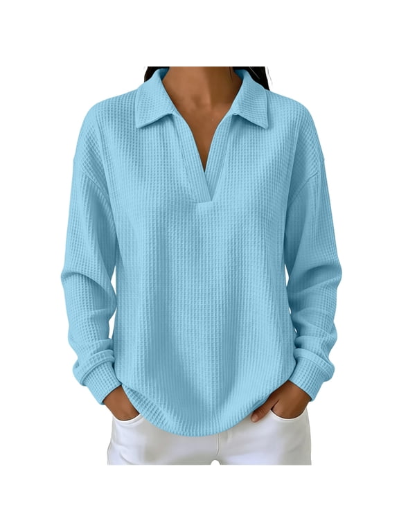 Tops for Women Long Sleeve Solid Color Casual Waffle Knit Top