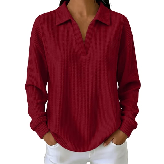 Tops for Women Long Sleeve Solid Color Casual Waffle Knit Top