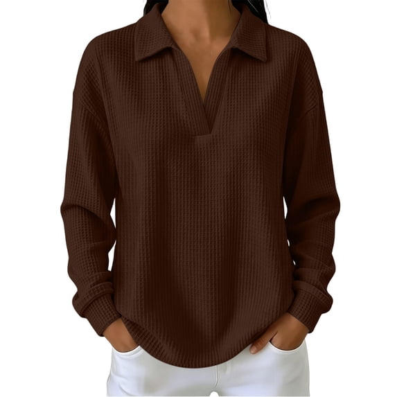 Tops for Women Long Sleeve Solid Color Casual Waffle Knit Top
