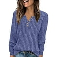 thumbnail image 1 of Tops for Women Long Sleeve Stripe Brushed Solid Color V-Neck Button Solid Top,Womens Tops Plus Size Blue XL, 1 of 5