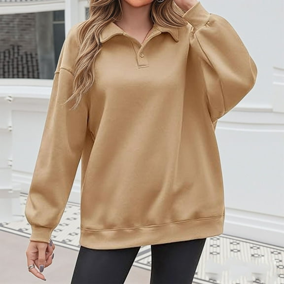 Tops for Women Long Sleeve Turdown Collar Button Casual Solid Blouse Pullover Sweatshirt,Plus Size Tops for Women