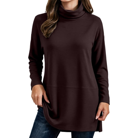 Tops for Women Long Sleeve Turtleneck Plus Size Solid Color Side Slit Top