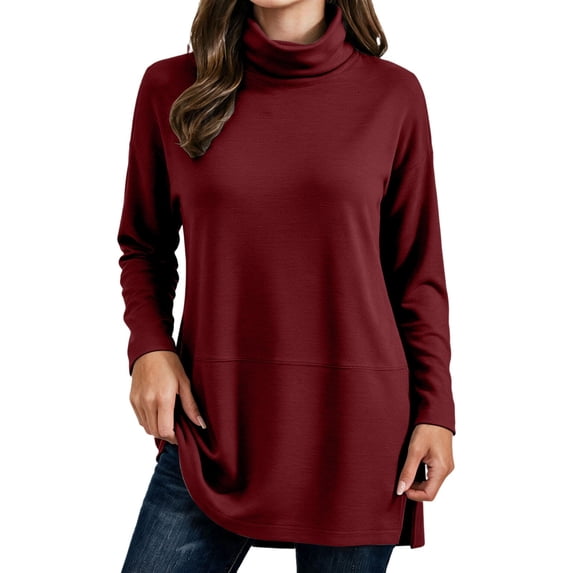 Tops for Women Long Sleeve Turtleneck Plus Size Solid Color Side Slit Top