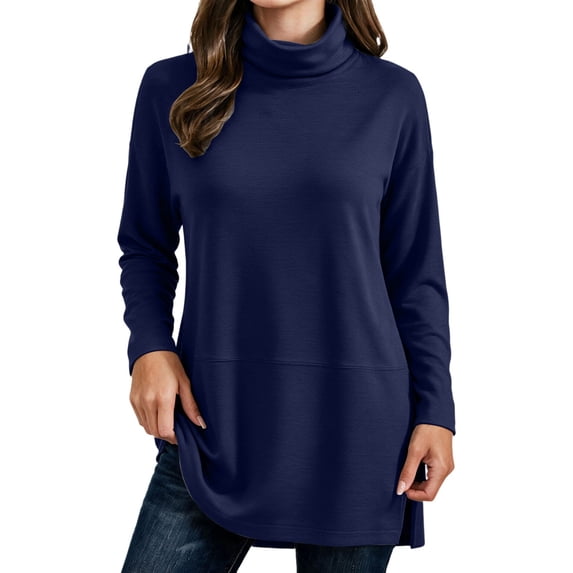 Tops for Women Long Sleeve Turtleneck Plus Size Solid Color Side Slit Top
