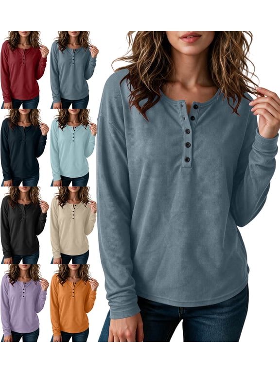 Tops for Women Long Sleeve Waffle Knit Henley Shirts, Casual Button Down Crew Neck Loose Fit Tops