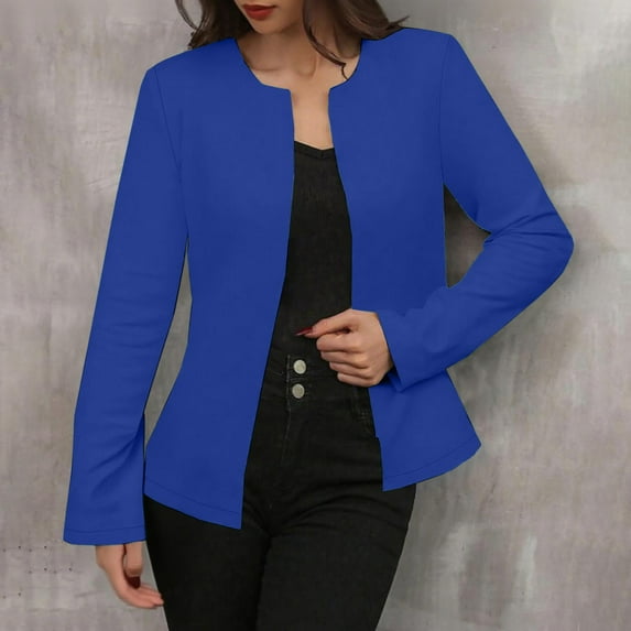 Tops for Women Long Sleeved Blazer Jacket Solid Color Cardigan Jacket,Women's Long Sleeve Tops Blue XL