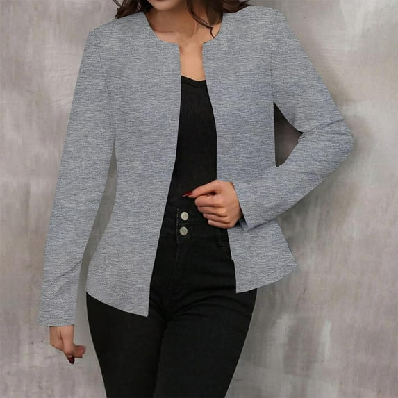 Tops for Women Long Sleeved Blazer Jacket Solid Color Cardigan Jacket,Women's Long Sleeve Tops Gray XL