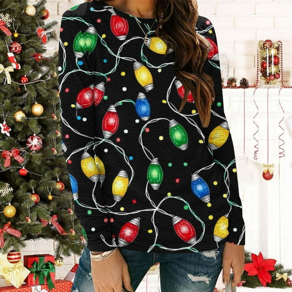 Tops for Women Long Sleeved Christmas Printed Round Neck Shirt Womens Blouse Plus Size Black XXXXXL