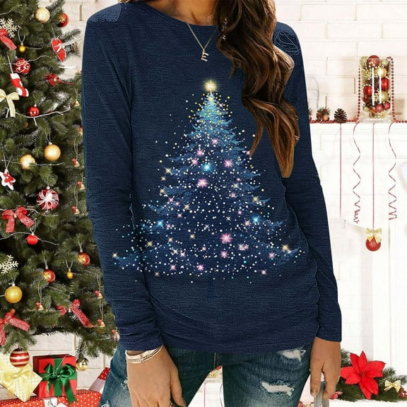 Tops for Women Long Sleeved Christmas Printed Round Neck Shirt Womens Blouse Plus Size Blue XXXL