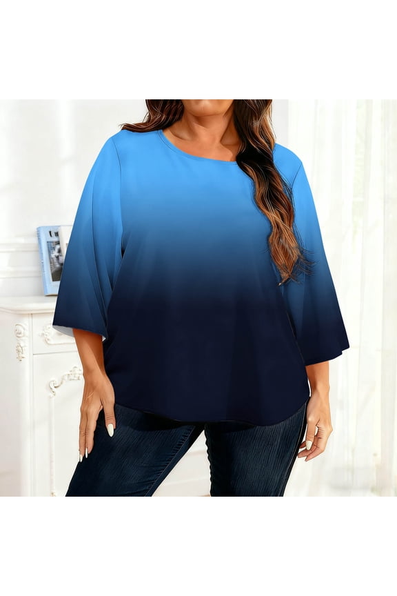 Tops for Women Long Sleeved Gradient Round Neck Home Casual T-Shirt Blue XXL