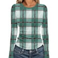 thumbnail image 1 of Tops for Women Long Sleeved Plaid Casual Round Neck Printing Fitting Pit Stripe Blouse Army Green M, 1 of 6