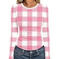 thumbnail image 1 of Tops for Women Long Sleeved Plaid Casual Round Neck Printing Fitting Pit Stripe Blouse Pink S, 1 of 6