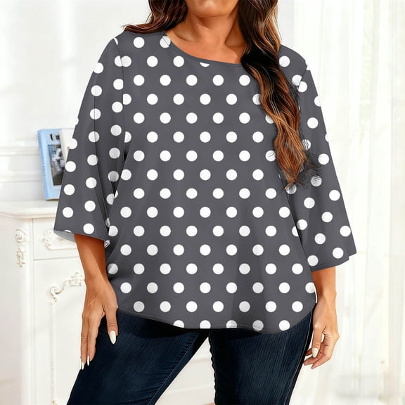 Tops for Women Long Sleeved Polka Dot Round Neck T-shirt Home Casual T-Shirt Gray L