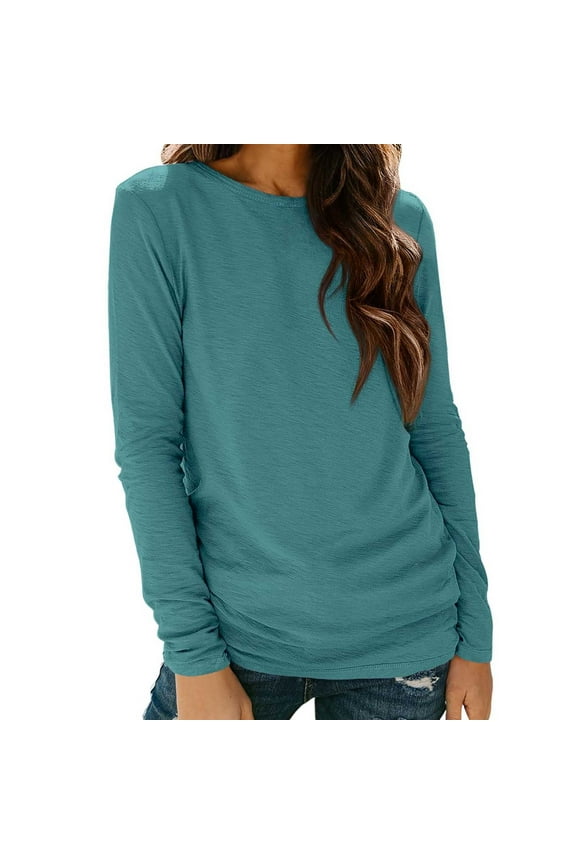 Tops for Women Long Sleeved Round Neck Layered Sleeve Solid Color Top Base Shirt,Womens Tops Army Green S