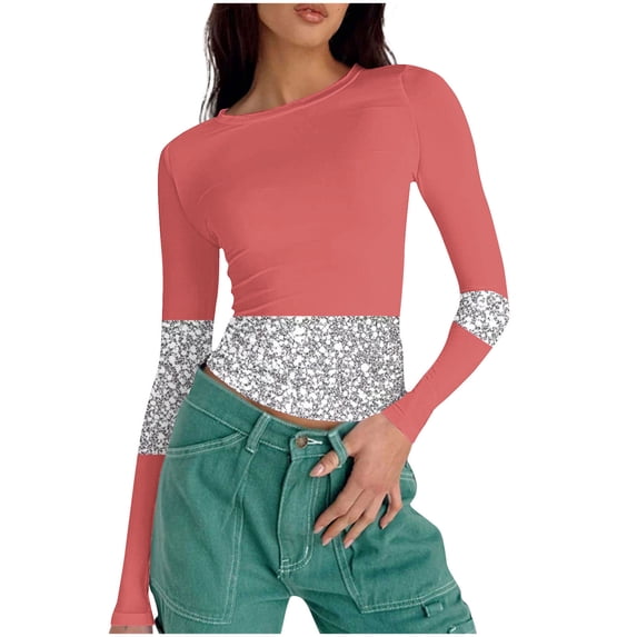 Tops for Women Long Sleeved Round Neck Printing Slim Tight Fitting Pit Stripe Top T-Shirts for Women