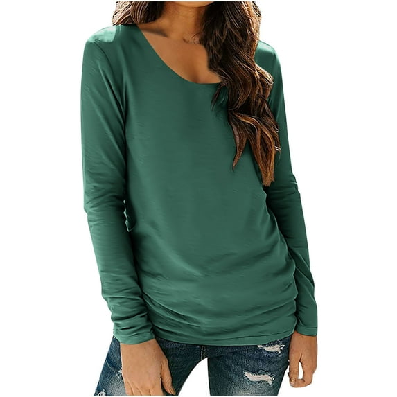 Tops for Women Long Sleeved Round Neck Solid Color Casual Pullover T-shirt Green XXL