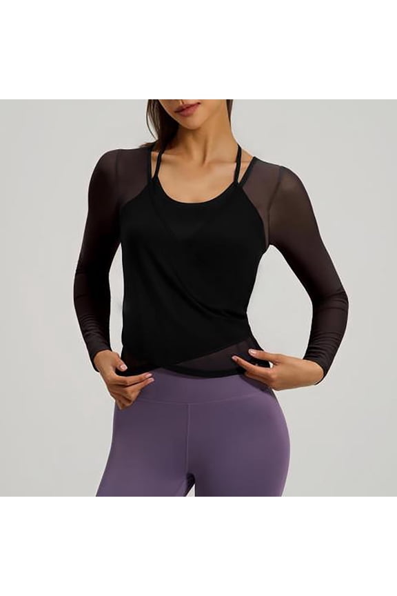Tops for Women Long Sleeved Slim Mesh Fixed Cup Sports Fitness Yoga Suit Top,Womens Tops Plus Size Black XXL