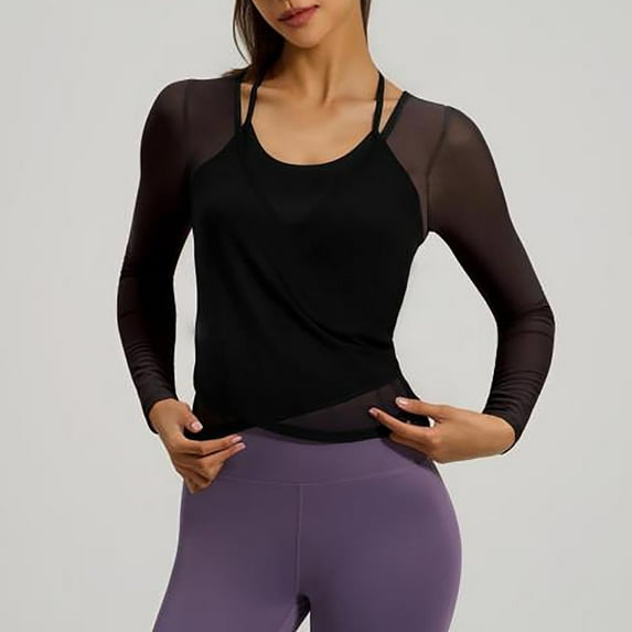 Tops for Women Long Sleeved Slim Mesh Fixed Cup Sports Fitness Yoga Suit Top,Womens Tops Plus Size Black XXL