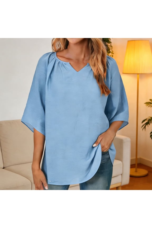 Tops for Women Long Sleeved V-neck Linen Gathered Neckline Top Blue M