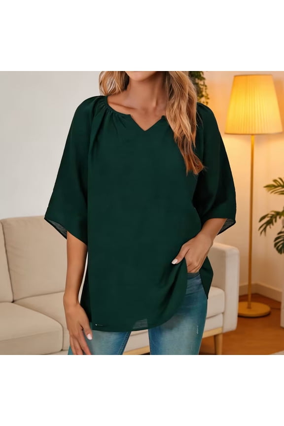 Tops for Women Long Sleeved V-neck Linen Gathered Neckline Top Green S