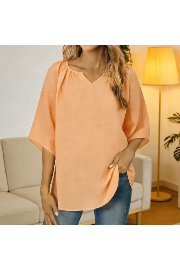 Tops for Women Long Sleeved V-neck Linen Gathered Neckline Top Orange S