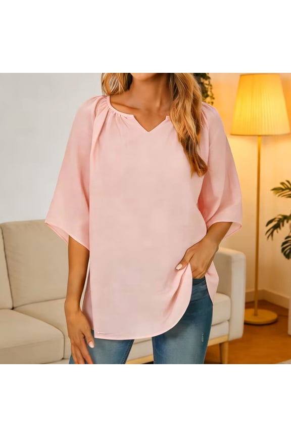 Tops for Women Long Sleeved V-neck Linen Gathered Neckline Top Pink S