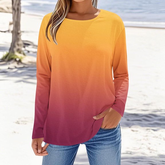 Tops for Women Long Sleeves Gradient Printing Round Neck T-Shirt Yellow Womens Blouse