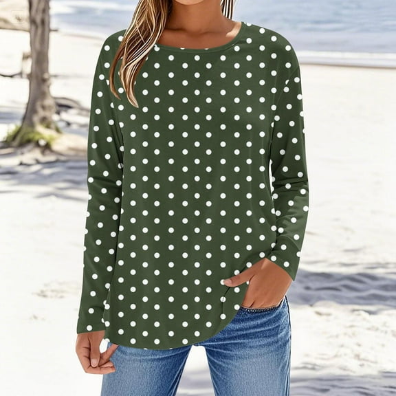 Tops for Women Long Sleeves Polka Dot Round Neck T-Shirt Green Womens Blouse