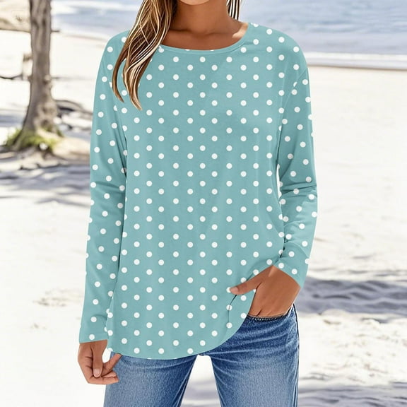 Tops for Women Long Sleeves Polka Dot Round Neck T-Shirt Light Blue Womens Blouse
