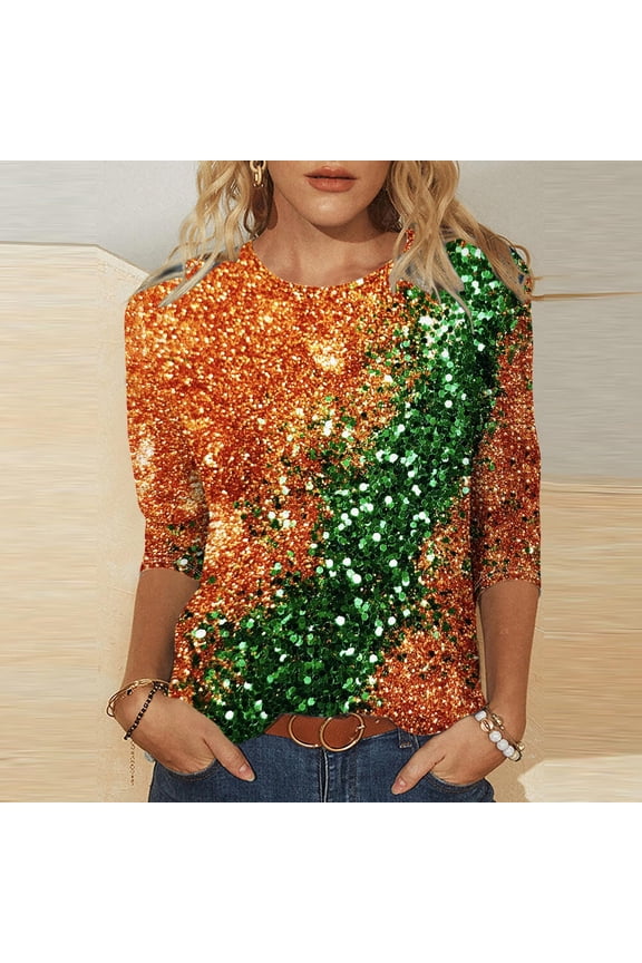 Tops for Women Mardi Gras Printed 3/4 Sleeves Blouse Round Neck Casual T-shirt