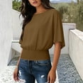 thumbnail image 1 of Tops for Women Mid Sleeves Elastic Hem Round Neck Solid Color Loose Oversized Casual Top Brown M, 1 of 6