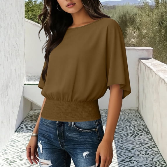 Tops for Women Mid Sleeves Elastic Hem Round Neck Solid Color Loose Oversized Casual Top Brown M