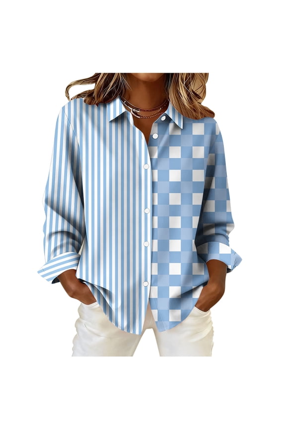 Tops for Women Mixed Print Button Down Vertical Stripe and Checkerboard Pattern Long Sleeve Blouse