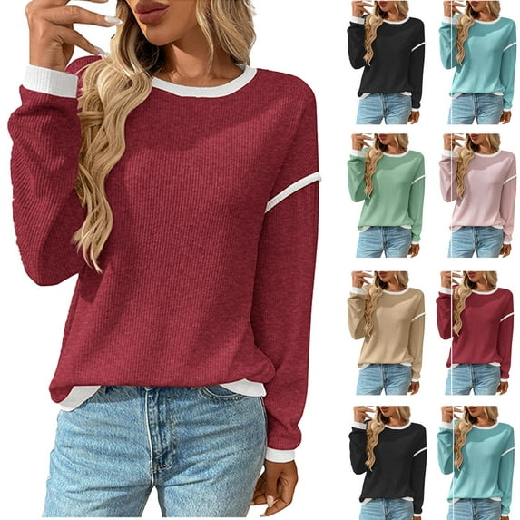 Tops for Women Ndbuld Sweatshirts for Women Crewneck Casual Long Sleeve Shirts Tunic Tops,Wine,S