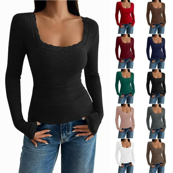 Tops for Women Ndbuld Women Long Sleeve Top Casual Basic Slim Knit Ribbed T Shirt,Black,2XL