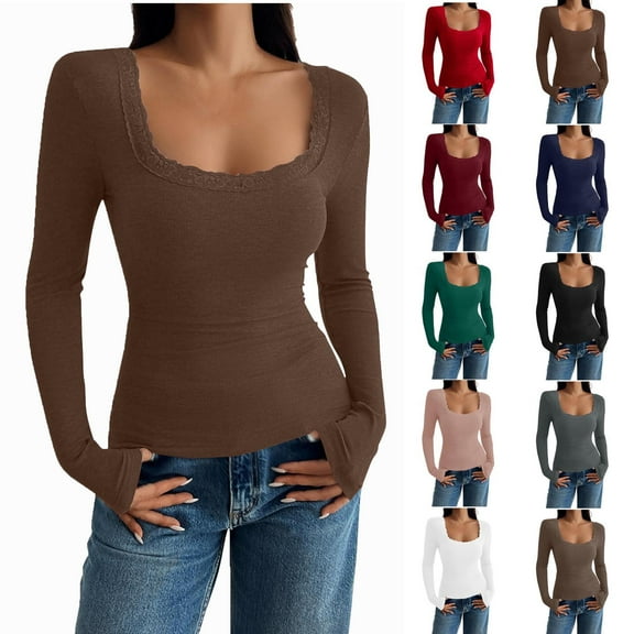 Tops for Women Ndbuld Women Long Sleeve Top Casual Basic Slim Knit Ribbed T Shirt,Brown,2XL