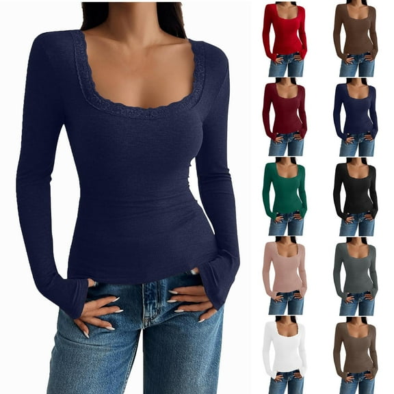 Tops for Women Ndbuld Women Long Sleeve Top Casual Basic Slim Knit Ribbed T Shirt,Dark Blue,L