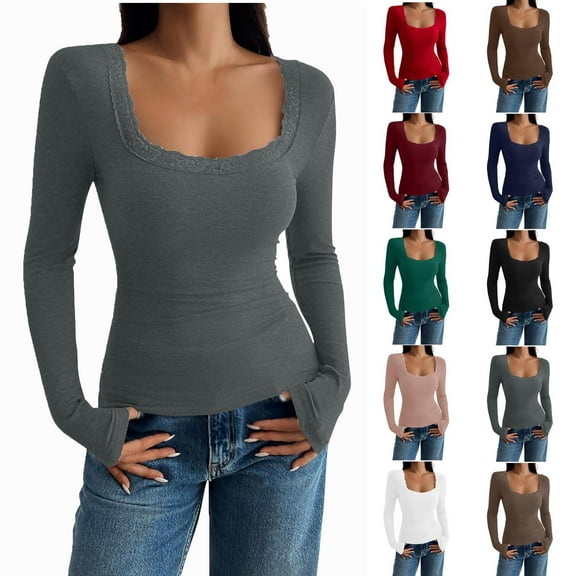 Tops for Women Ndbuld Women Long Sleeve Top Casual Basic Slim Knit Ribbed T Shirt,Gray,L