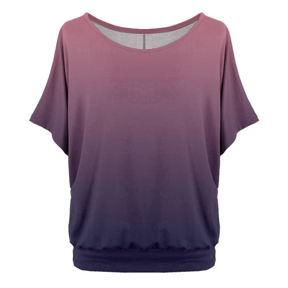 Tops for Women Oversized Bat Short Sleeve Crew Neck Gradient Color Summer Thin Tees for Ladies